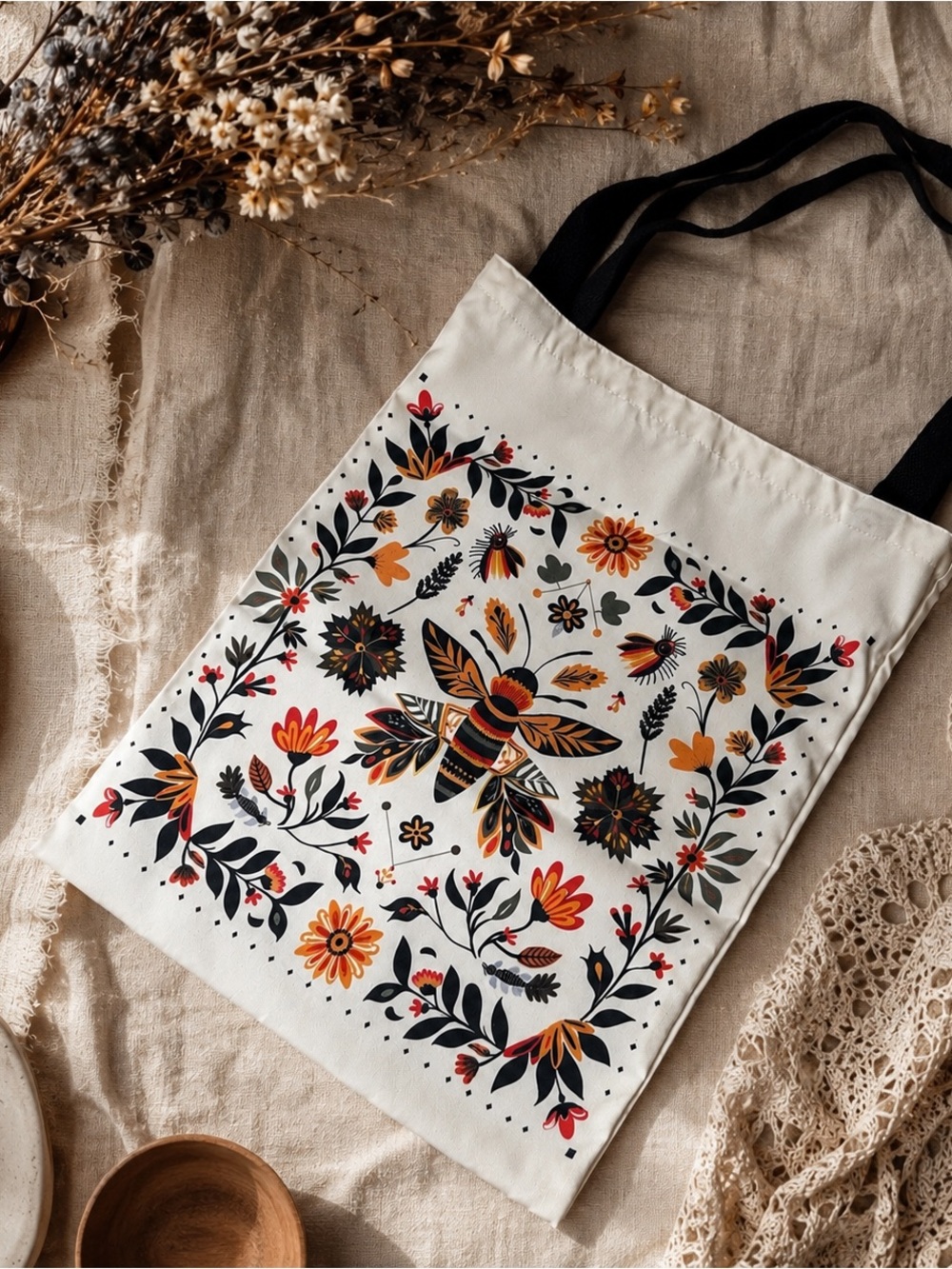 Folk Indie Floral Bee Nylon Tote Bag New